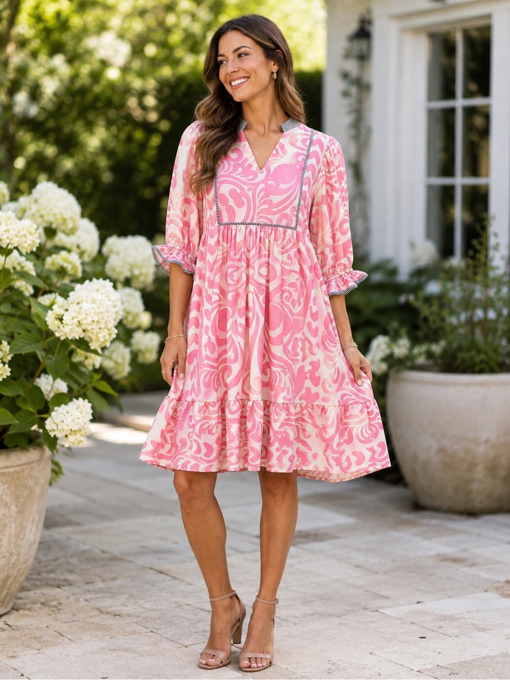 Umgee Pink Printed V-Neck Babydoll Dress